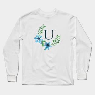 Floral Monogram U Pretty Blue Flowers Long Sleeve T-Shirt